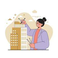Female architect designing modern building with pencils in urban environment illustration vector