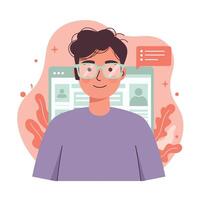 Young man with glasses using online profile interface in modern digital workspace illustration vector