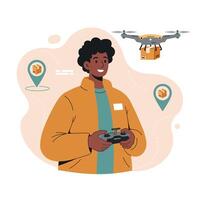 Young man controlling drone for delivery service with location markers and remote controller in orange jacket illustration vector
