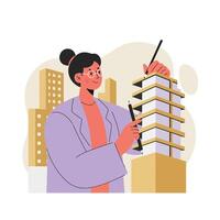 Female Architect Designing Modern Building Construction Project in Urban Environment with Glasses and Professional Attire vector