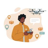Man controlling drone for delivery service with location pins and packages in modern illustration vector