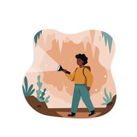 Explorer with flashlight exploring dark cave with rocky walls and plants illustration in modern style vector