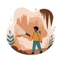 Explorer discovering cave interior with flashlight and backpack in natural adventure setting illustration vector