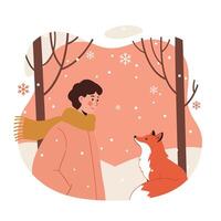 Person Wearing Scarf Interacting with Fox in Snowy Winter Landscape with Bare Trees and Falling Snowflakes Illustration vector