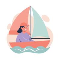 Woman sailing small boat with red and green sails on calm water illustration smiling happy outdoors activity vector