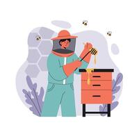 Beekeeper harvesting honey in protective suit with honeycomb background and bees flying around illustration vector