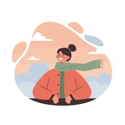 Woman wearing green scarf and orange jacket standing outdoors with cloudy sky background in cool weather illustration