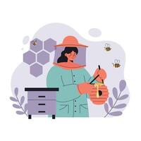 Beekeeper harvesting honey from hive with bees flying around in protective gear illustration vector