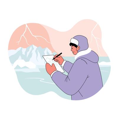 Arctic explorer drawing snowy mountains in cold landscape with ice and pastel sky illustration