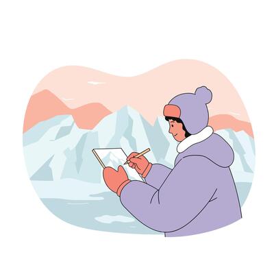Person sketching snowy mountain landscape while wearing winter clothing in cold outdoor scene illustration