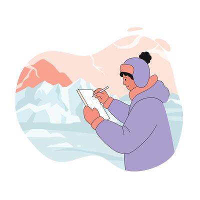 Child sketching winter landscape in warm clothing with mountains and ice scenery illustration