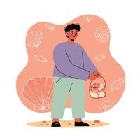 Young man collecting seashells in bucket on sandy beach with shell pattern background illustration vector