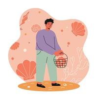 Man holding basket with seashells on pastel coral background with shells and seaweed illustration vector