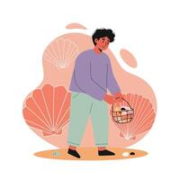 Person Collecting Shells on Beach with Basket Illustration in Soft Pastel Colors vector