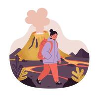 Hiker exploring volcanic landscape with lava flows and smoke in active volcano natural adventure scene vector