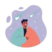 Man watching meteor shower in night sky with stars and comets illustration vector