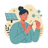 Female scientist working on solar energy technology with solar panel and molecular structures illustration vector
