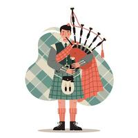 Scottish man playing bagpipes in traditional kilt with plaid background illustration vector