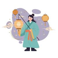 Woman in traditional attire holding lantern with floating lanterns and decorative clouds illustration vector