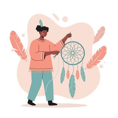 Person holding dreamcatcher with turquoise and coral feathers in boho style illustration