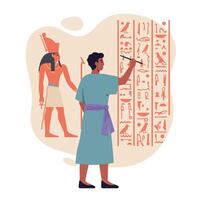 Ancient Egyptian scribe writing hieroglyphics on wall with pharaoh figure in background illustration vector