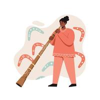 Woman playing didgeridoo musical instrument with boomerang patterns background illustration vector