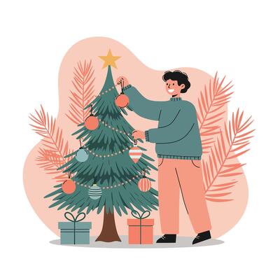 Boy decorating Christmas tree with gifts and ornaments in cozy seasonal home setting
