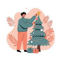 Man Decorating Christmas Tree with Ornaments and Star in Festive Home Setting with Gifts vector