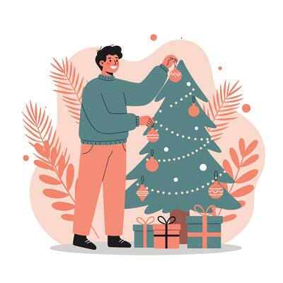 Man decorating Christmas tree with gift boxes and festive ornaments in cozy winter setting illustration