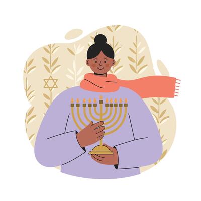 Woman holding menorah celebrating Hanukkah holiday with Star of David background illustration