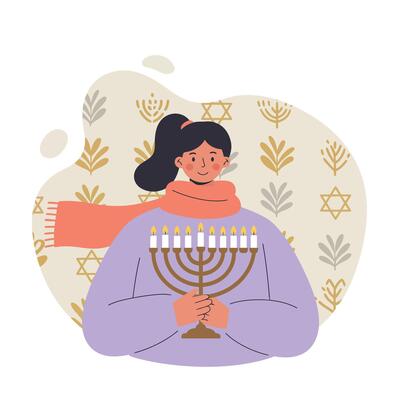 Woman holding lit menorah celebrating Hanukkah with Star of David background in purple and orange colors illustration