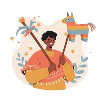 Young man celebrating with colorful pinata and firecracker sticks festive culture illustration vector