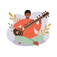 Man playing sitar traditional Indian string instrument in relaxed pose illustration vector