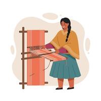 Woman weaving fabric on traditional loom with orange and teal colors in cultural craft activity illustration vector