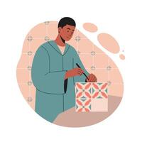 Man painting decorative ceramic tile with geometric pattern in indoor setting illustration vector