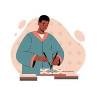 Man practicing calligraphy with brush pens on paper in calm artistic setting illustration vector