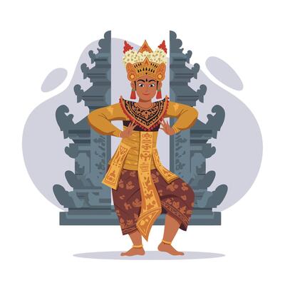 Balinese traditional dancer performing classical dance in cultural costume with temple background illustration