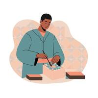 Man carving stone block with chisel and hammer in workshop illustration art vector
