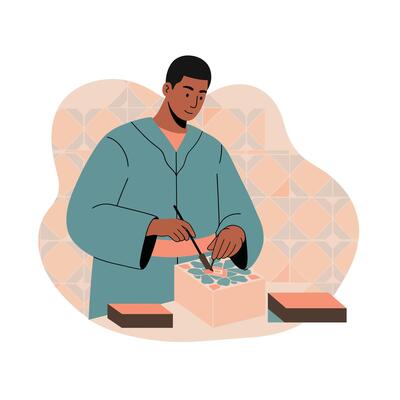 Man carving stone block with chisel and hammer in workshop illustration art