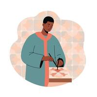 Man Painting Ceramic Tiles in Artistic Workshop with Soft Pastel Colors and Calm Atmosphere vector