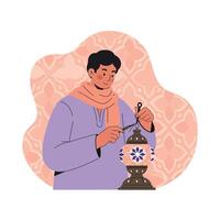 Man in traditional clothing decorating lantern with intricate patterns illustration vector