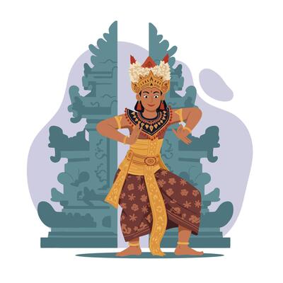 Traditional Balinese dancer performing classical dance with temple background in cultural Indonesian costume illustration