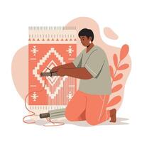 Man weaving traditional textile pattern on loom with ethnic design and warm color tones illustration vector