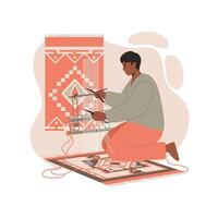 Man weaving traditional textile with loom in craft workshop using warm orange and beige colors illustration vector