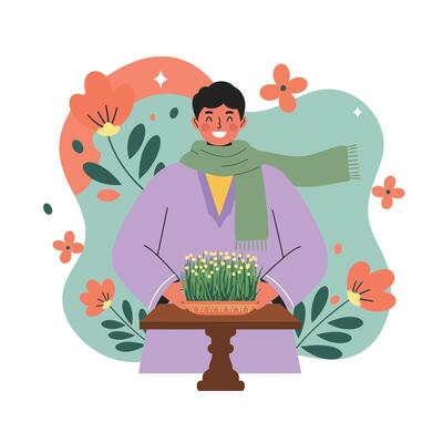 Person holding table with green grass and flowers illustration in cozy scarf and purple coat