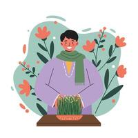 Young man holding bowl of sprouted wheat grass with floral background in flat style vector