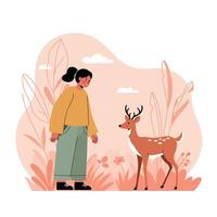 Woman interacting with young deer in serene natural setting with soft pastel tones and gentle foliage background vector
