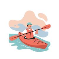 Kayaking man paddling a red kayak on calm blue water with abstract background illustration vector