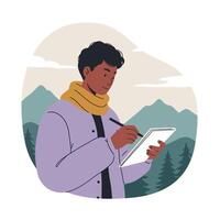 Young man drawing on digital tablet in mountain landscape with pine trees and cloudy sky illustration vector