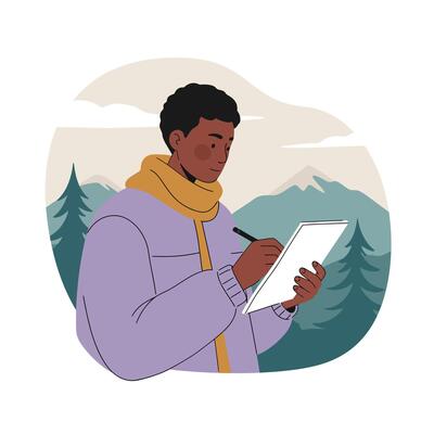 Young person writing notes outdoors with mountains and pine trees in background in cool weather clothing